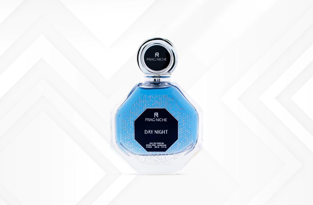 A photo of transparent bluish bottle of Day Night By Frag Niche that is often used in parties by men and women