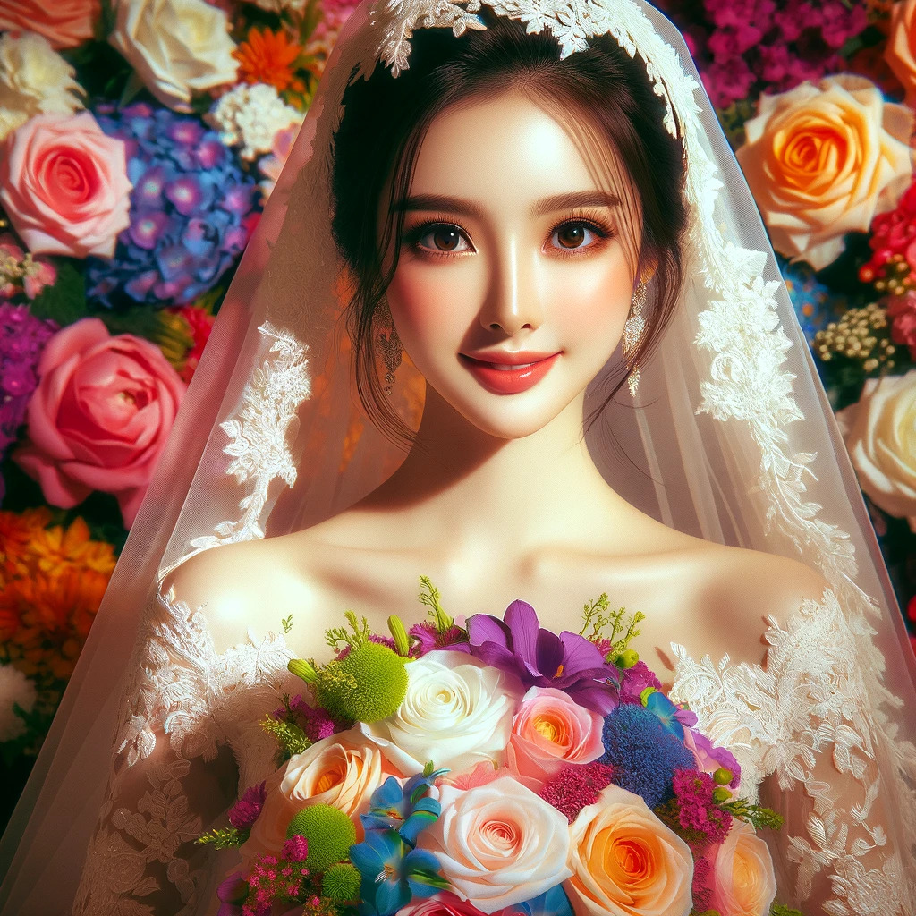 A beautiful bride holding flower bouquet in a wedding gown