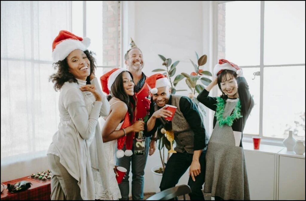 A group of people dressed up for Christmas