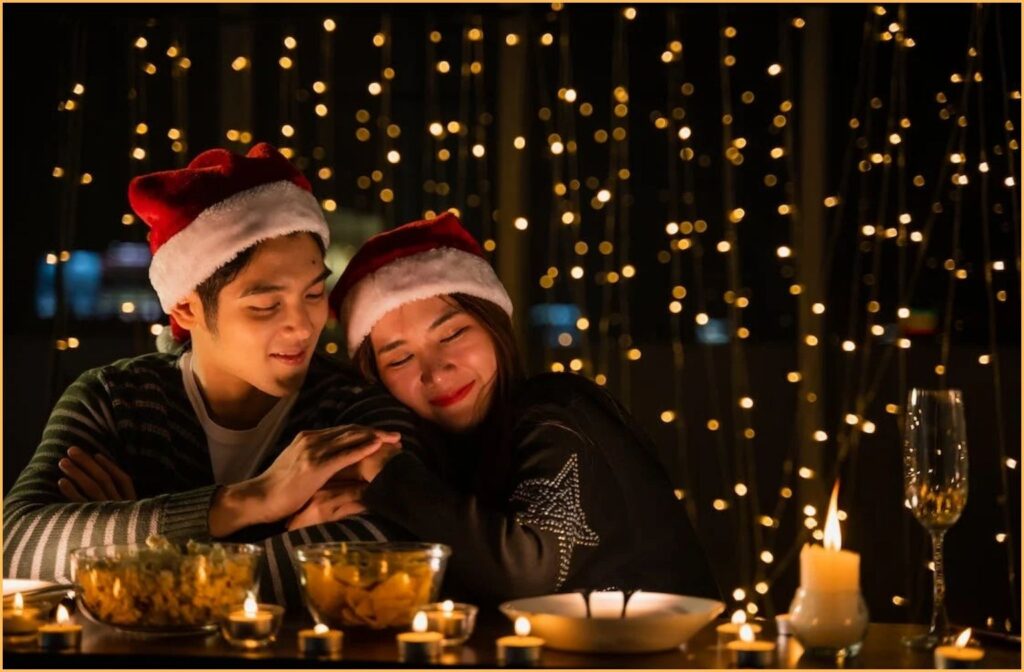 A couple wearing Christmas hats