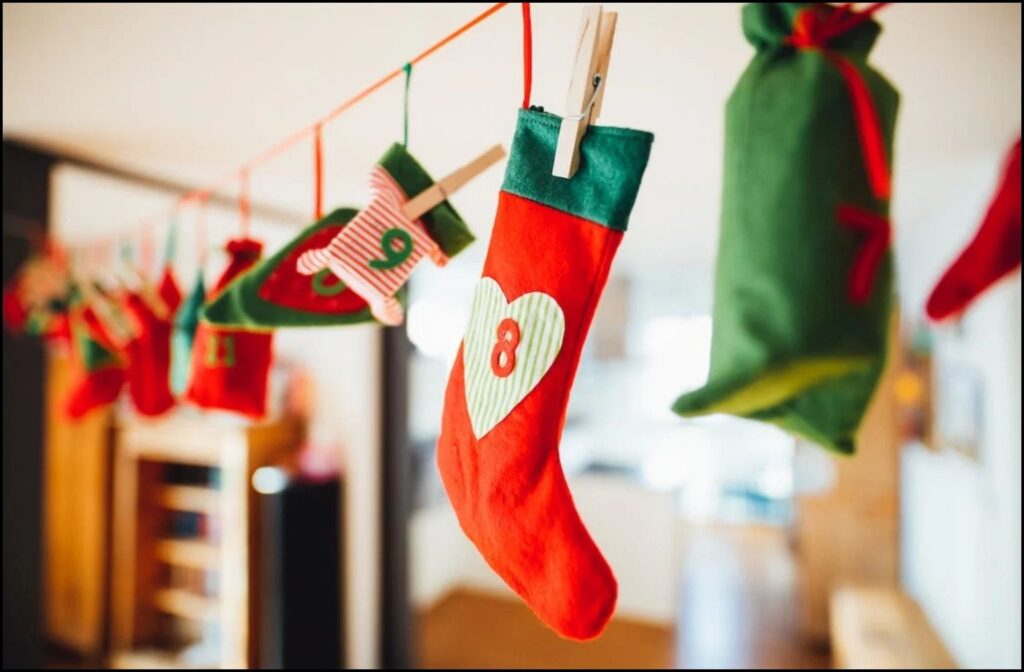 A Christmas sock hanging on a wire