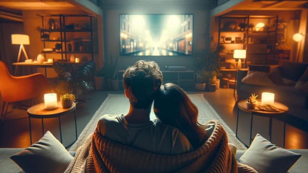 An ai generated image of couple watching TV, aka Netflixing and chilling.