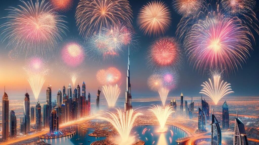 fireworks in Dubai with burj khalifa in center and showing Dubai's infrastructure
