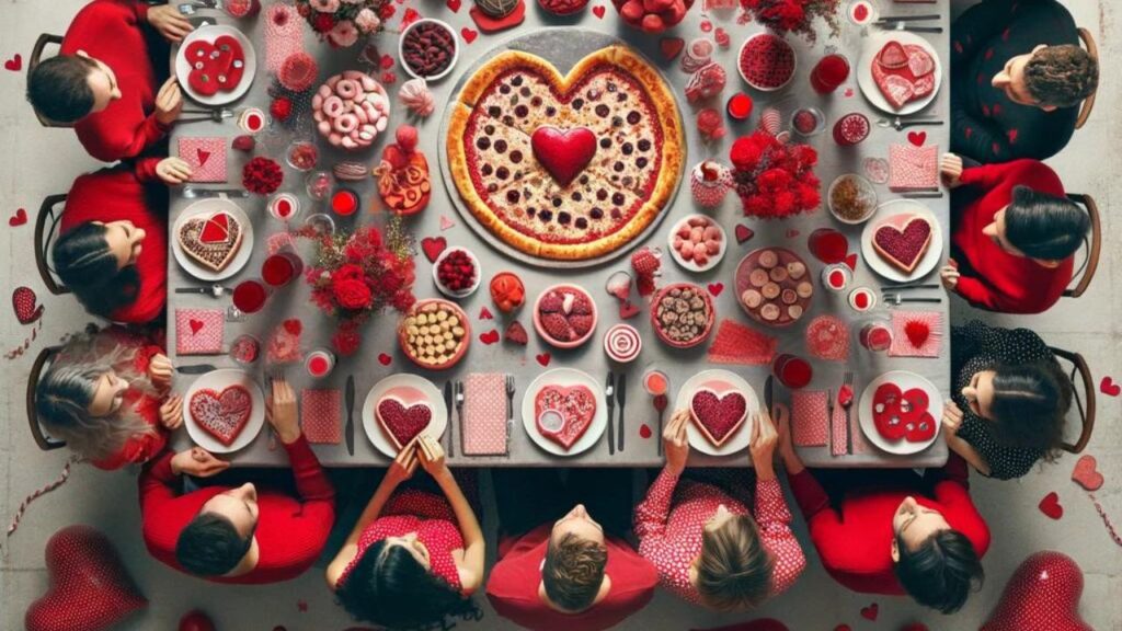 image group of friends in red coordinate dresiing style dining for valentines day. WIth a heart shaped pizza at the center of the table and many red themed food items.