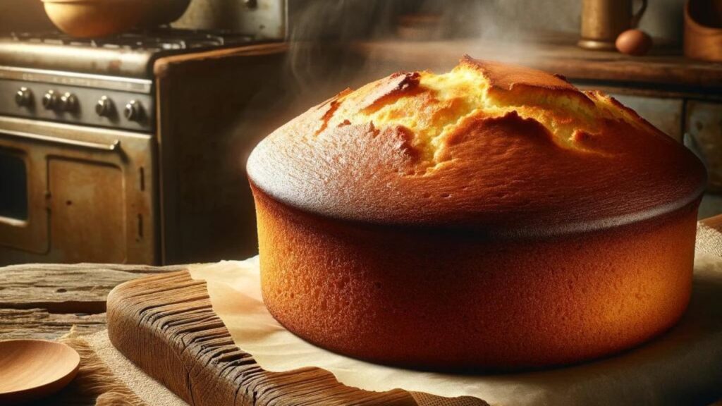 An ai generated image of a freshly baked hot cake placed on a wooden table with oven in the background