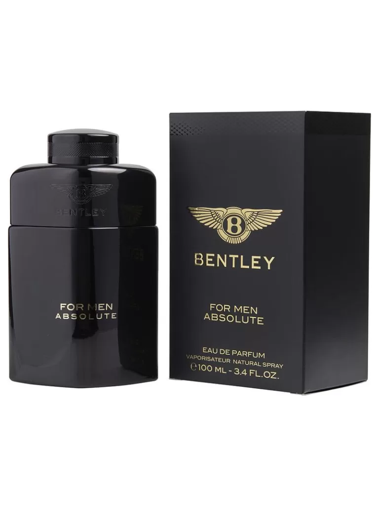 Picture of dark Bentley Absolute perfume bottle next to its box.