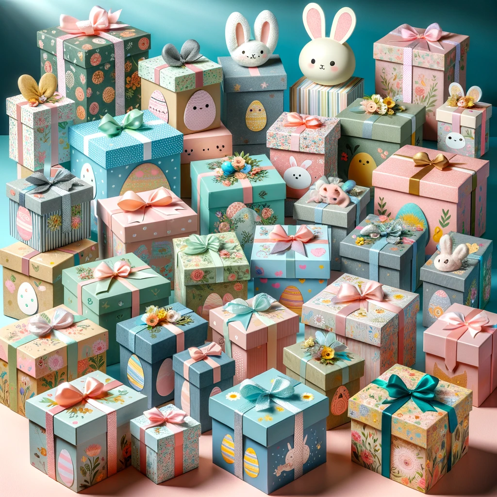 Collection of unique Easter Mystery Boxes, ranging from small to large, with spring-themed designs.