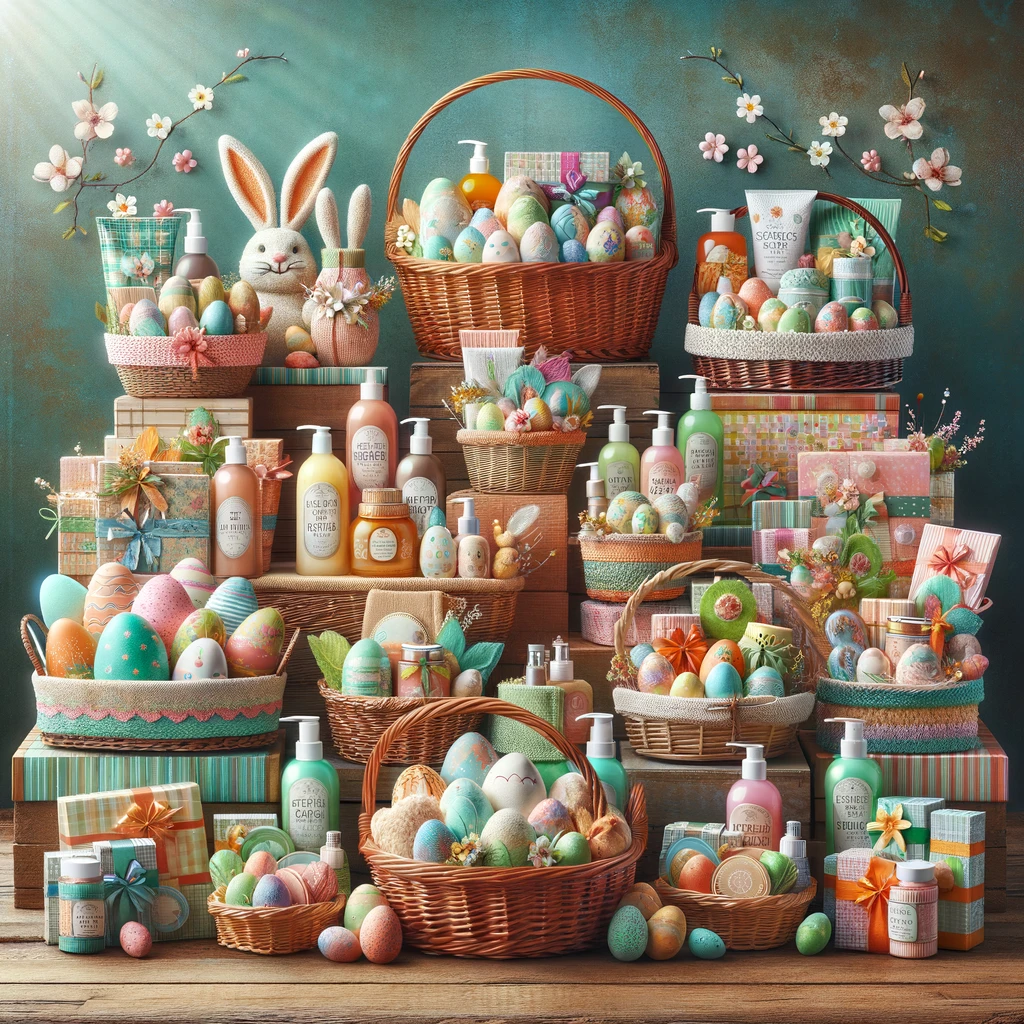 Variety of Easter gift baskets containing body care essentials.