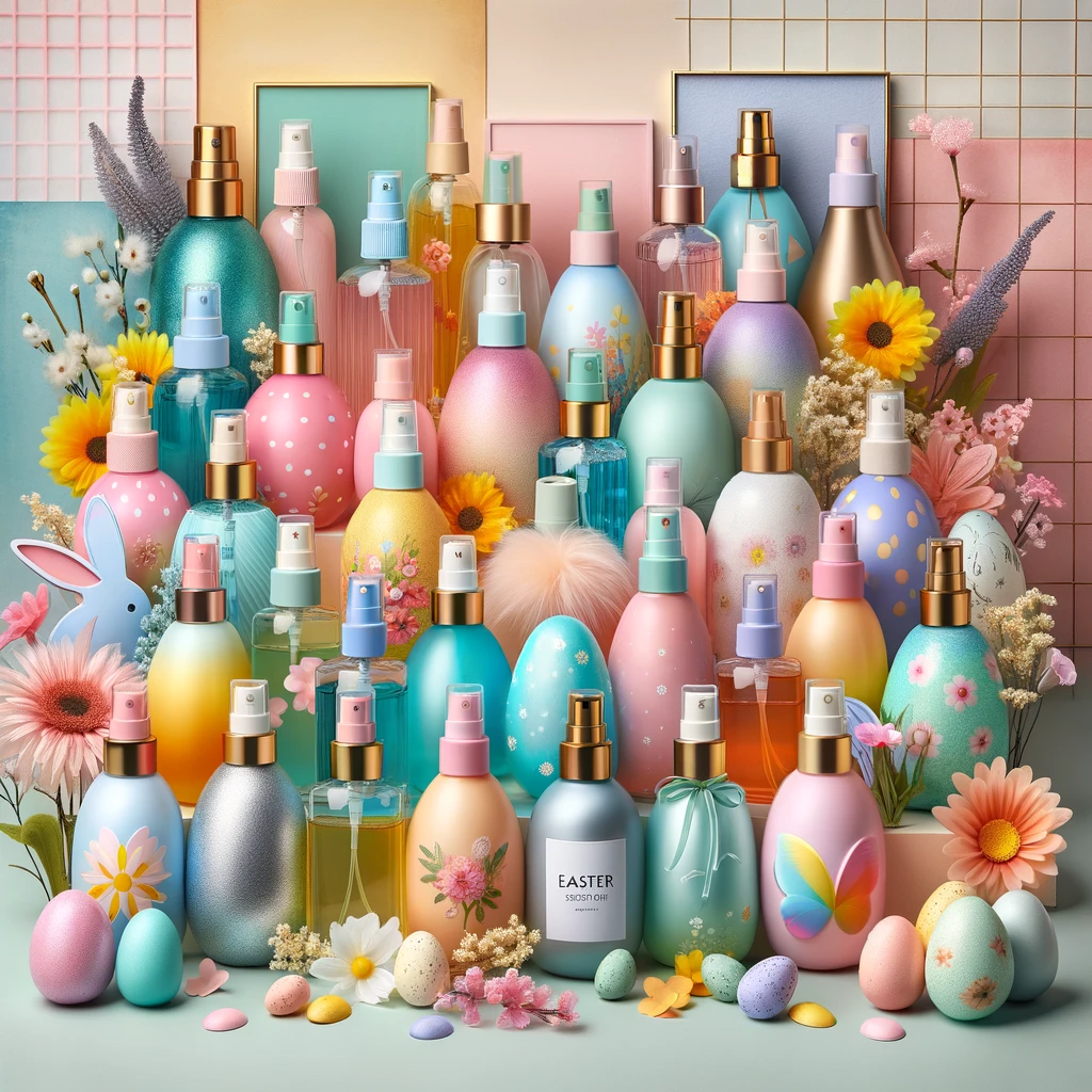 Collection of Easter-scented room sprays in various bottle designs without labels.