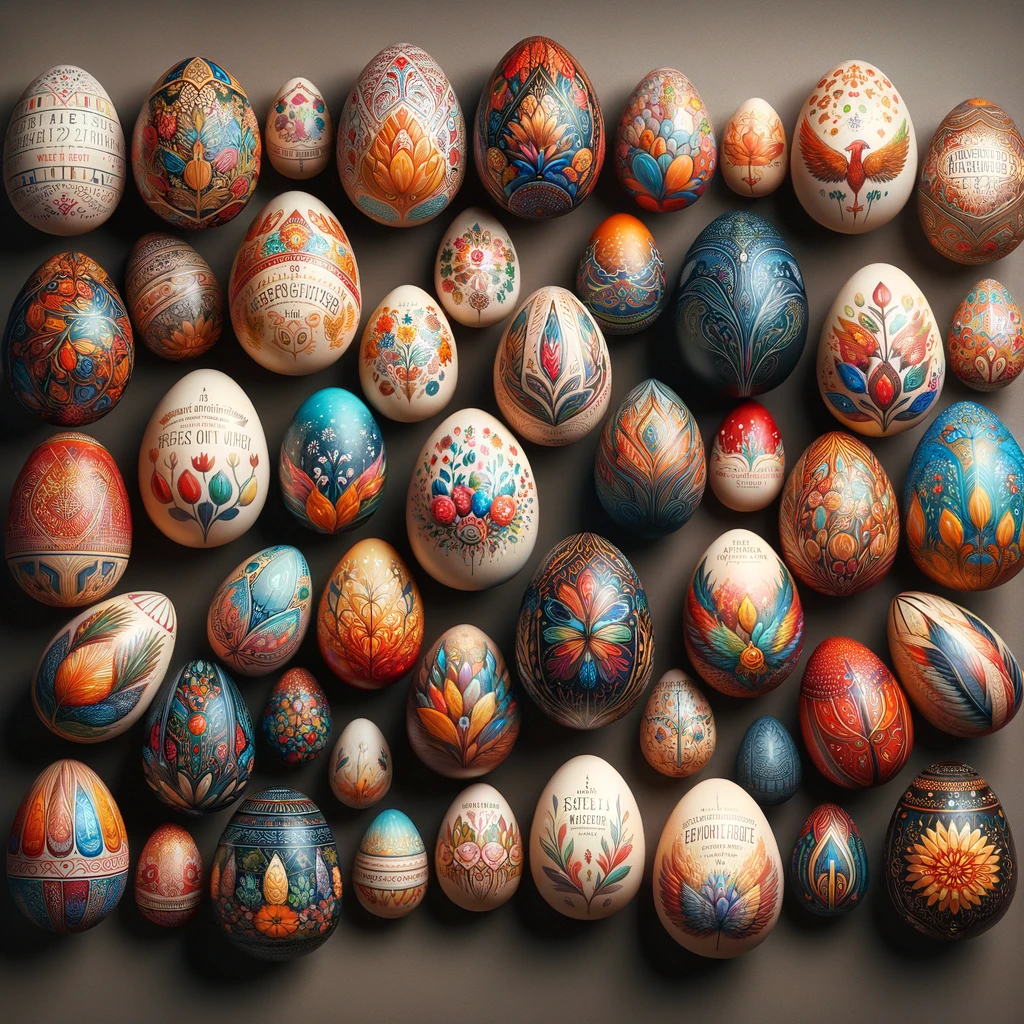 Colorful hand-painted Easter eggs with secret messages inside, featuring a variety of sizes and artistic designs.