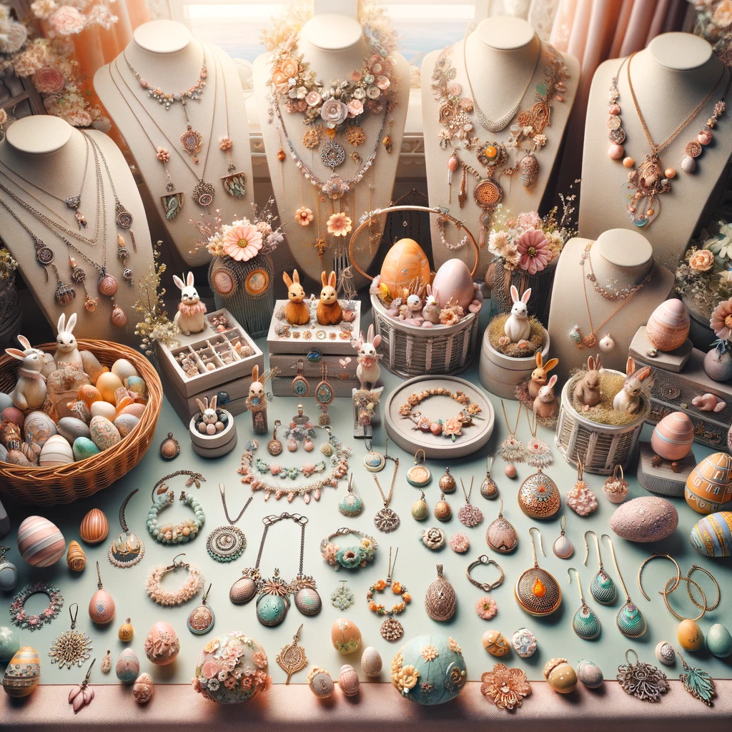 Unique Easter-themed handcrafted jewelry display with pastel-colored necklaces, earrings, and bracelets.