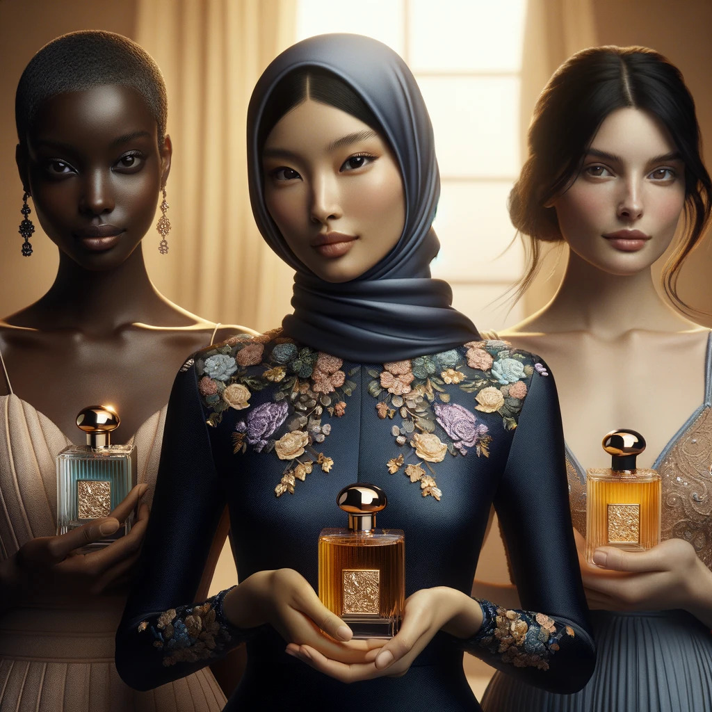 A photo of 3 women, first black (left), second is Asian (in center), third is wester woman from the us (right), holding perfume bottles in their hands