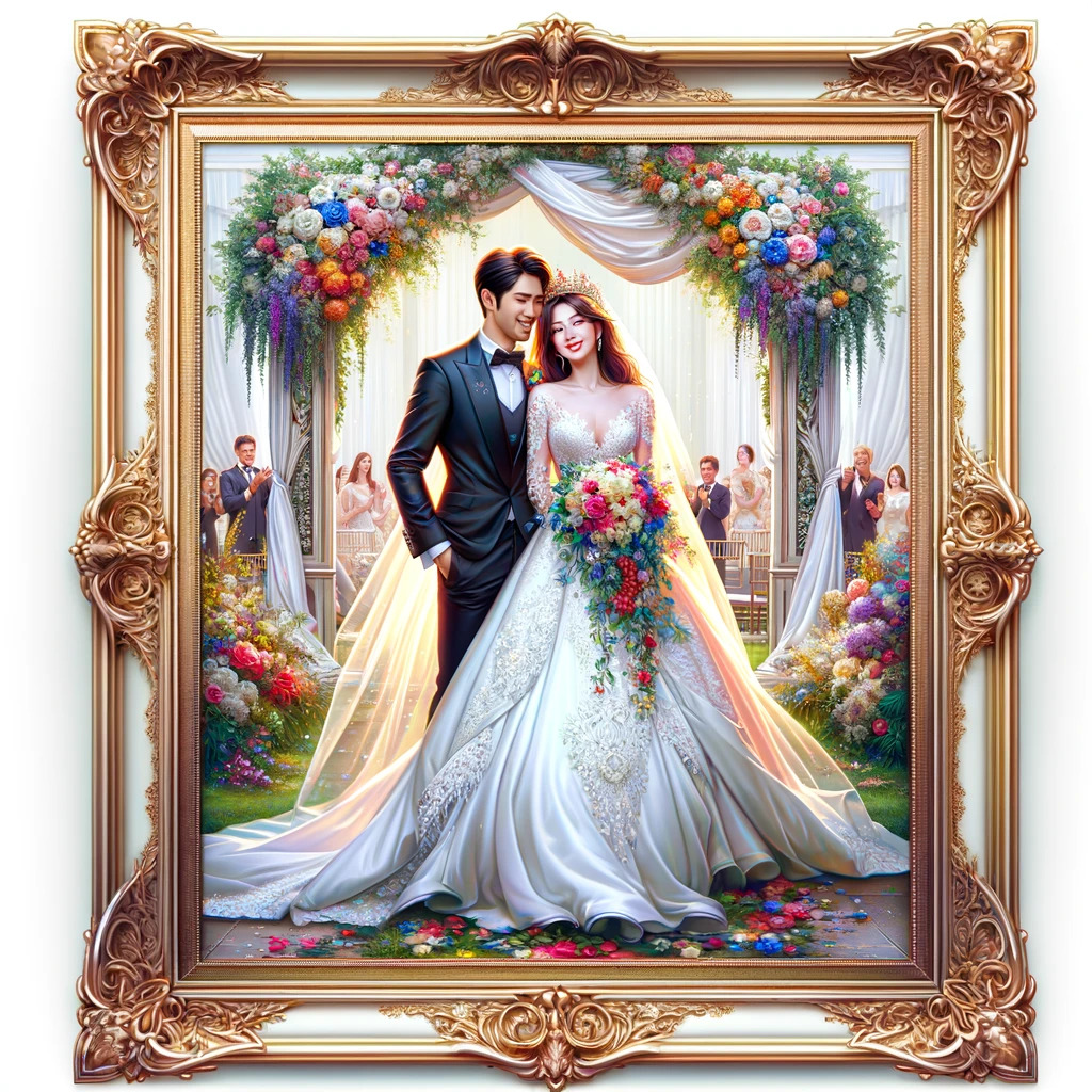 A photo illustration of a frame showing two couples in their wedding dress with flowers bouquet in the background and in the hands of the bride