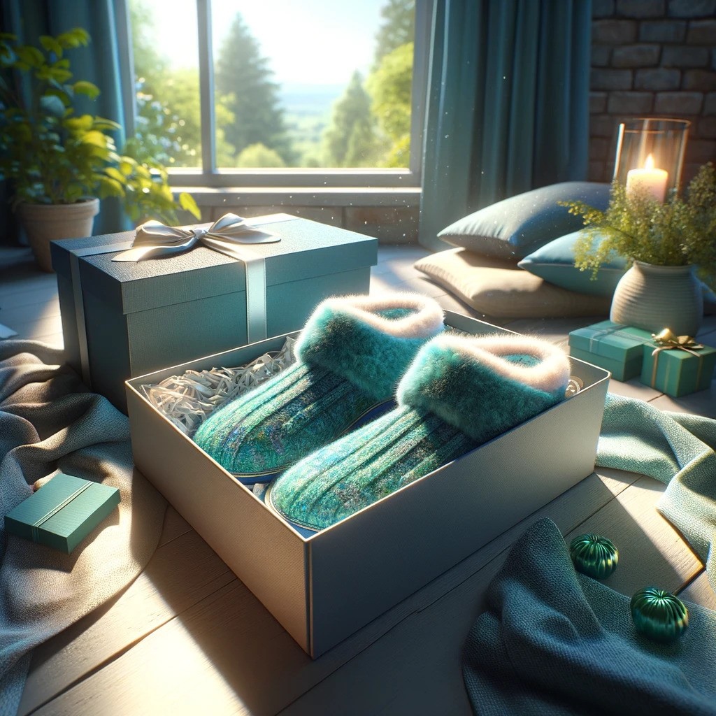 An illustration showing a blue pretty cozy slipper that has been received as a gift