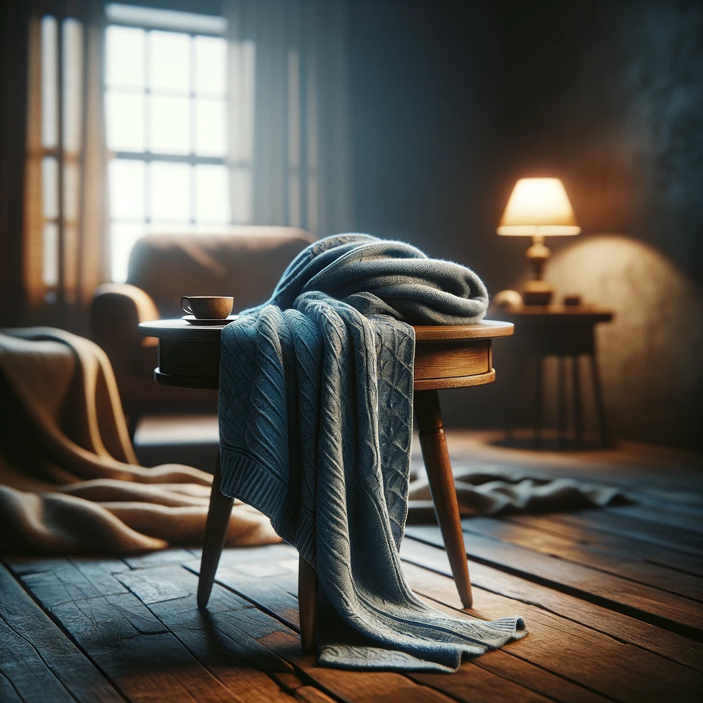 An illustration showing of a blue cozy throw blanket on a small table top