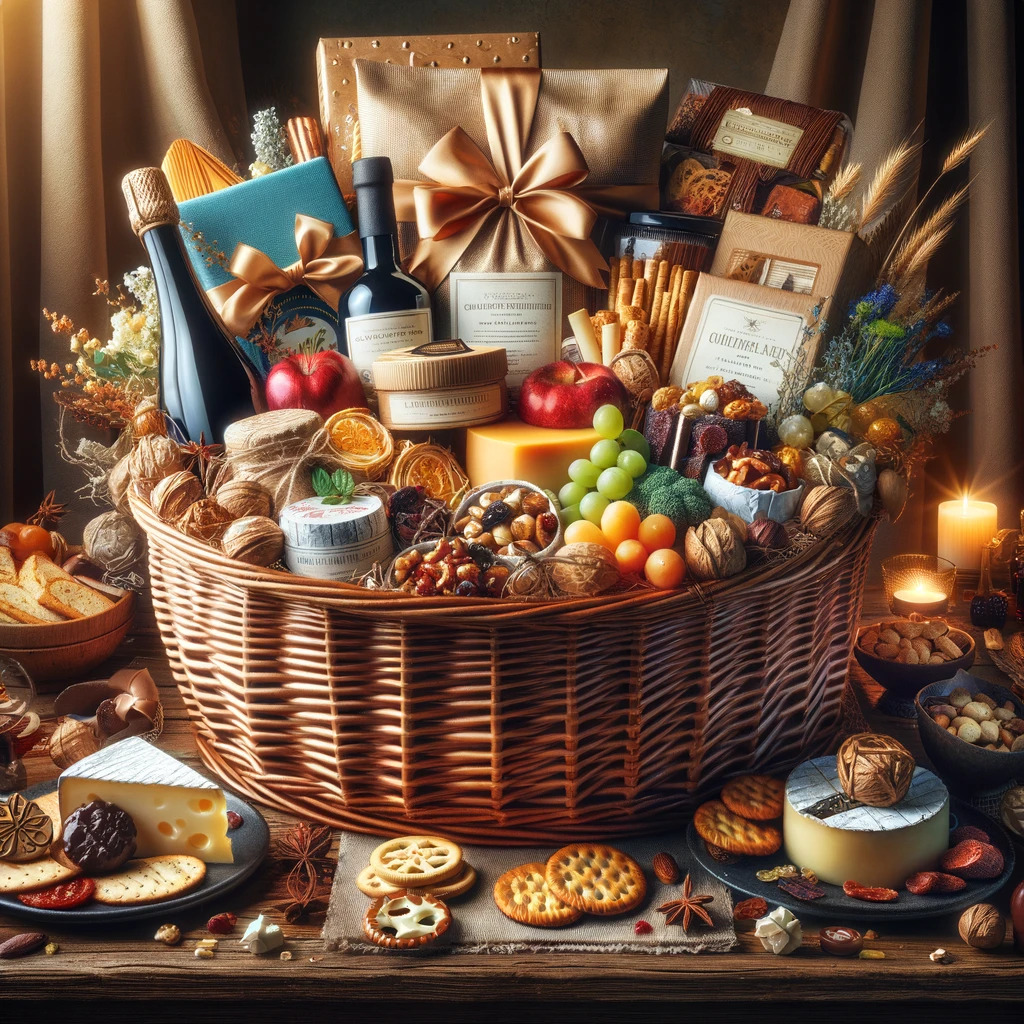 An illustration showing of a fully filled gourmet food basket