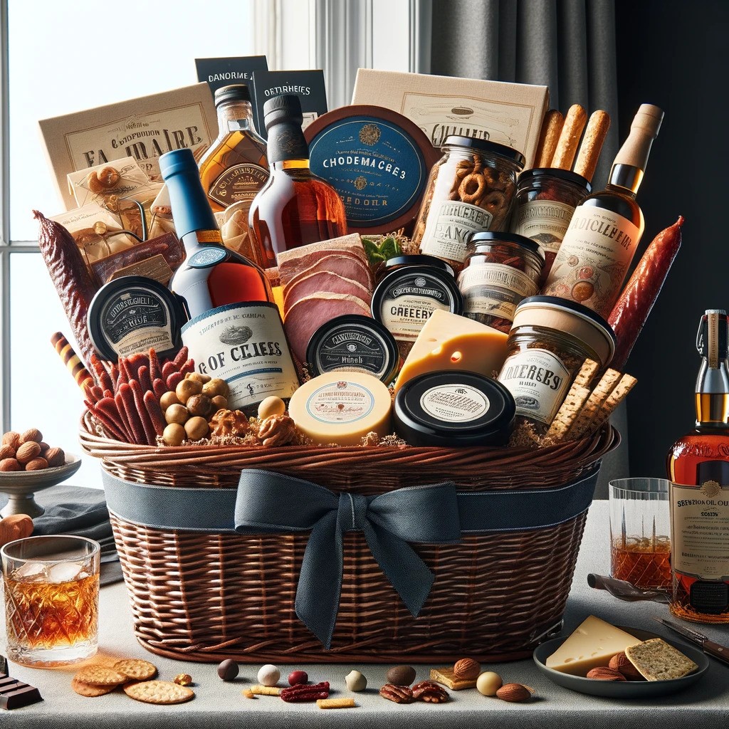 An illustration of gourmet food baasket specially made for men