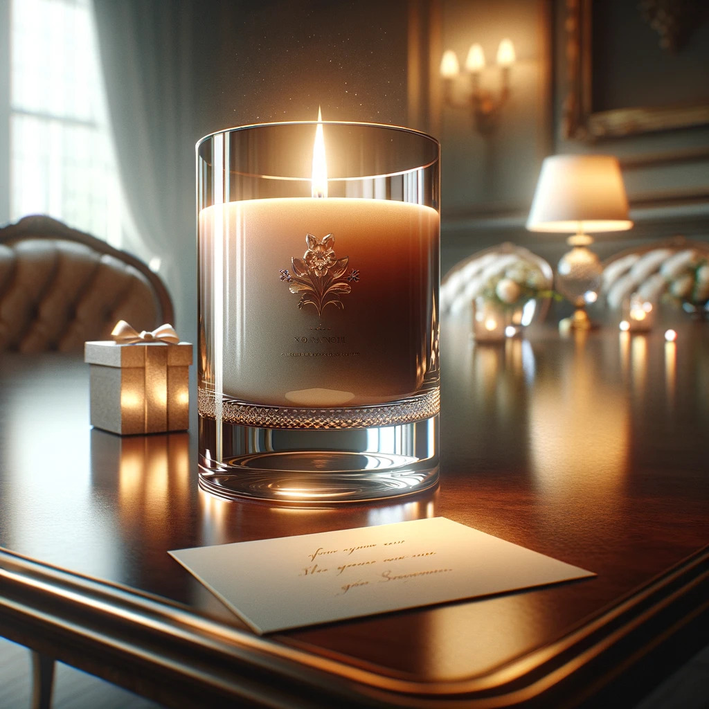 An illustration showing a luxury candle being lighted with a gift box nearby