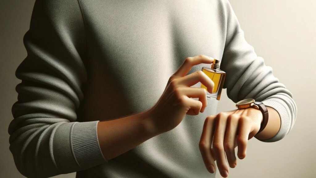 A man spray testing a perfume on hand