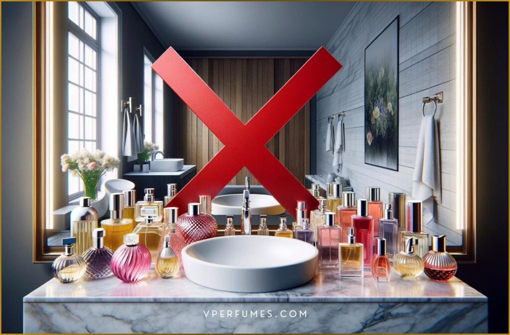 A photo showing perfume bottles not to be placed in a bathroom