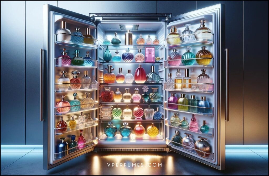 A photo of refrigerator, full of perfume bottles (it is advised to keep perfume bottles in a cool and dark place)