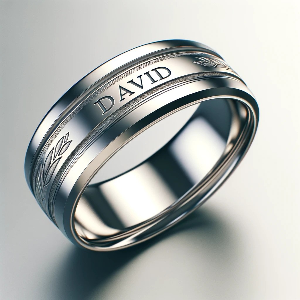 a creative illustration of a personalized platinum ring engraved with the name David