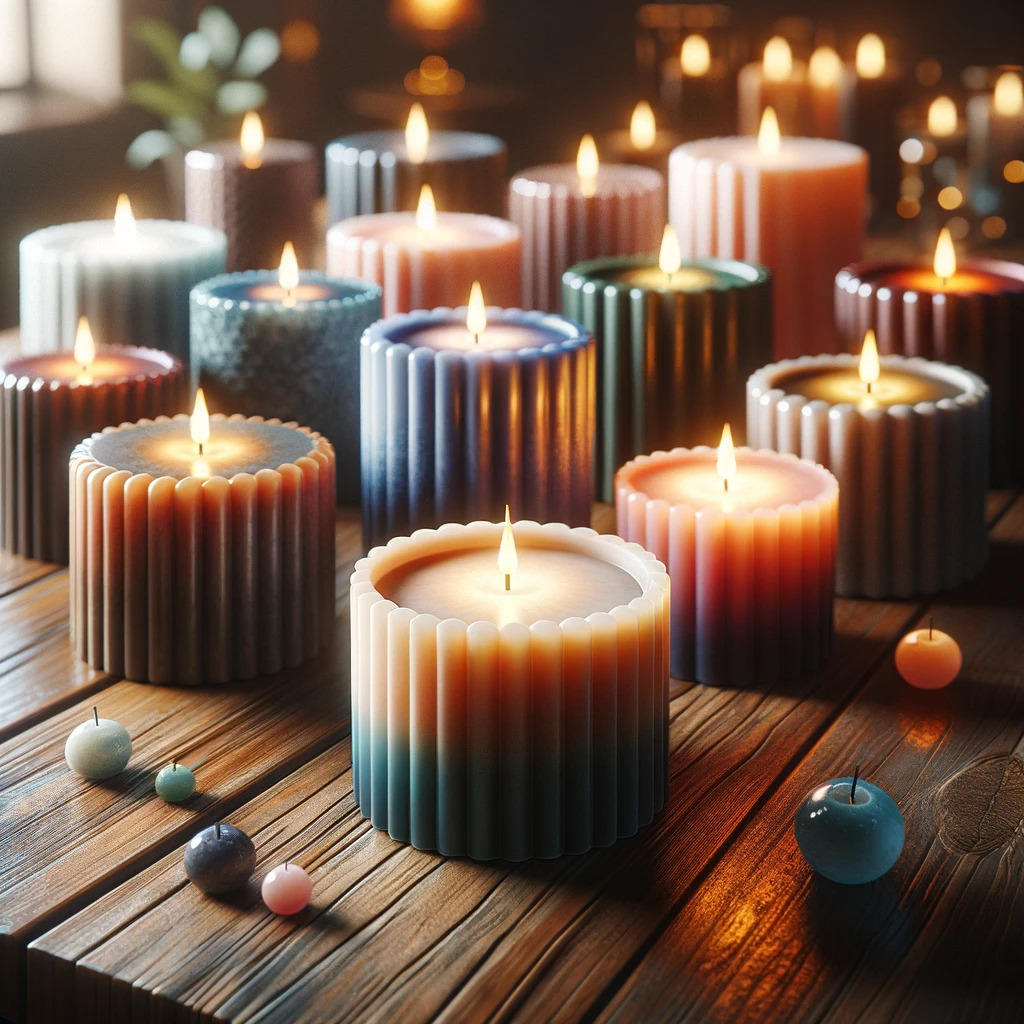 A photo of couple of scented candles placed on a wooden table
