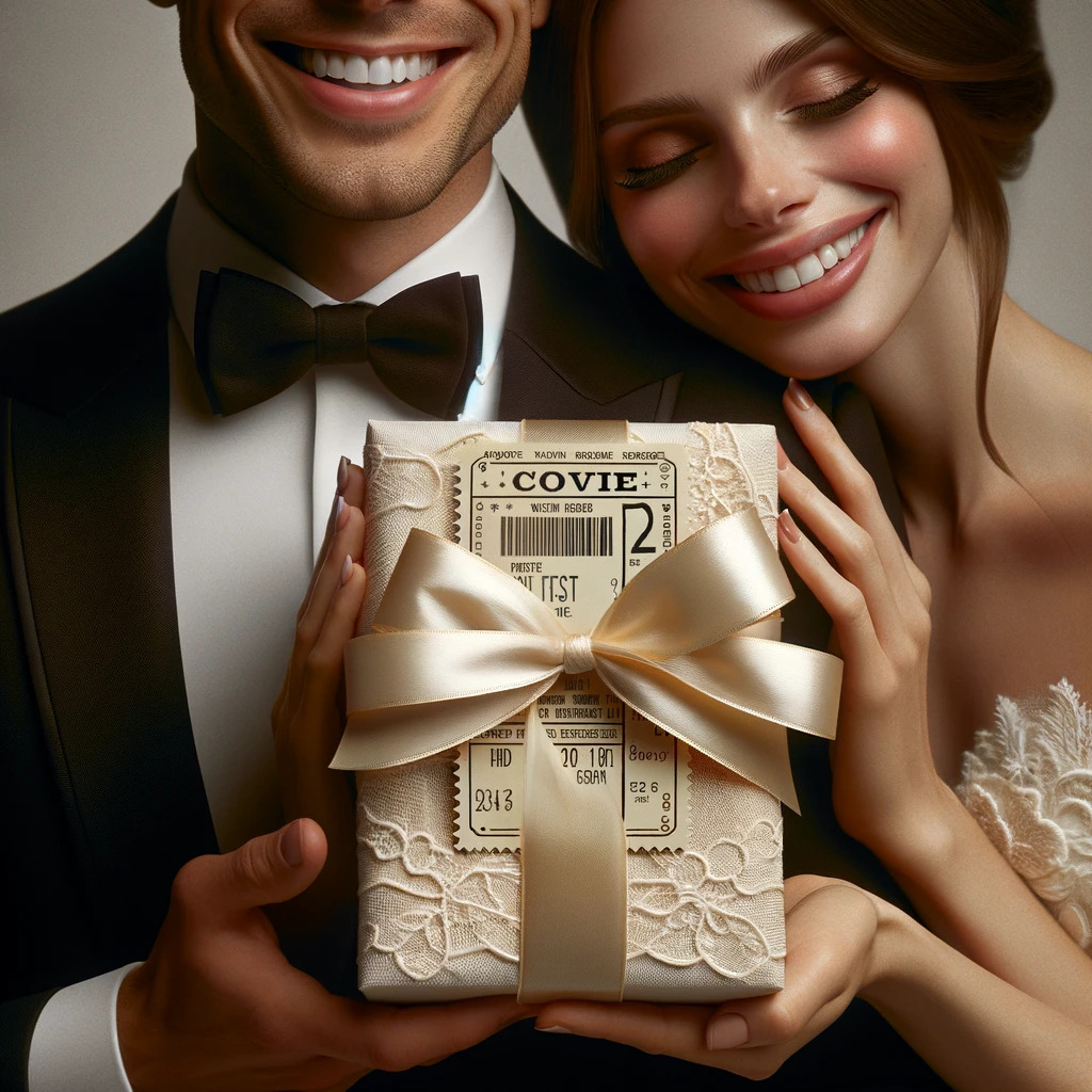 A photo of couple in wedding dresses, holding tickets in a gift wrapping