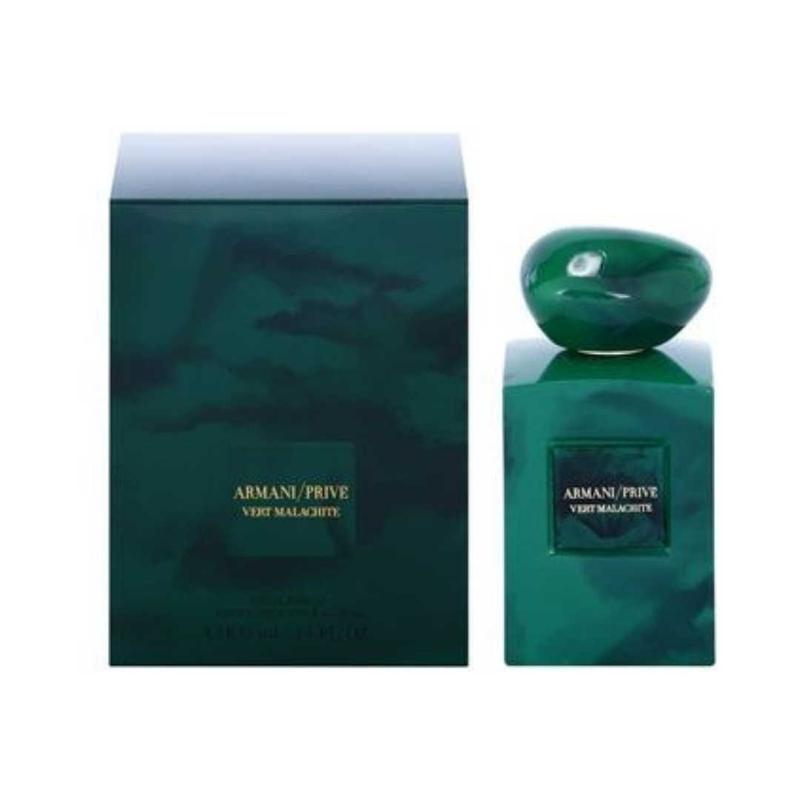 an image of the iconic green Armani prive vert malachite eau de parfum bottle with its box