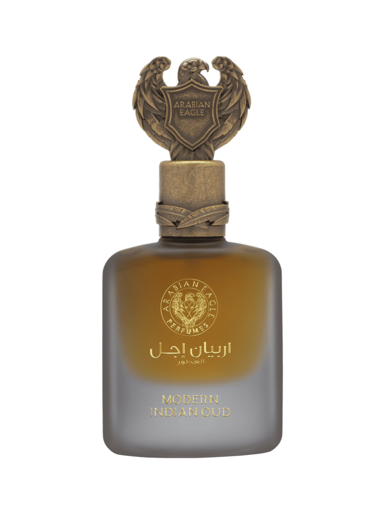 Image of a oud perfume and eagle-shaped bottle cap. Bottle is labelled "Modern Indian Oud" by Arabian Eagle