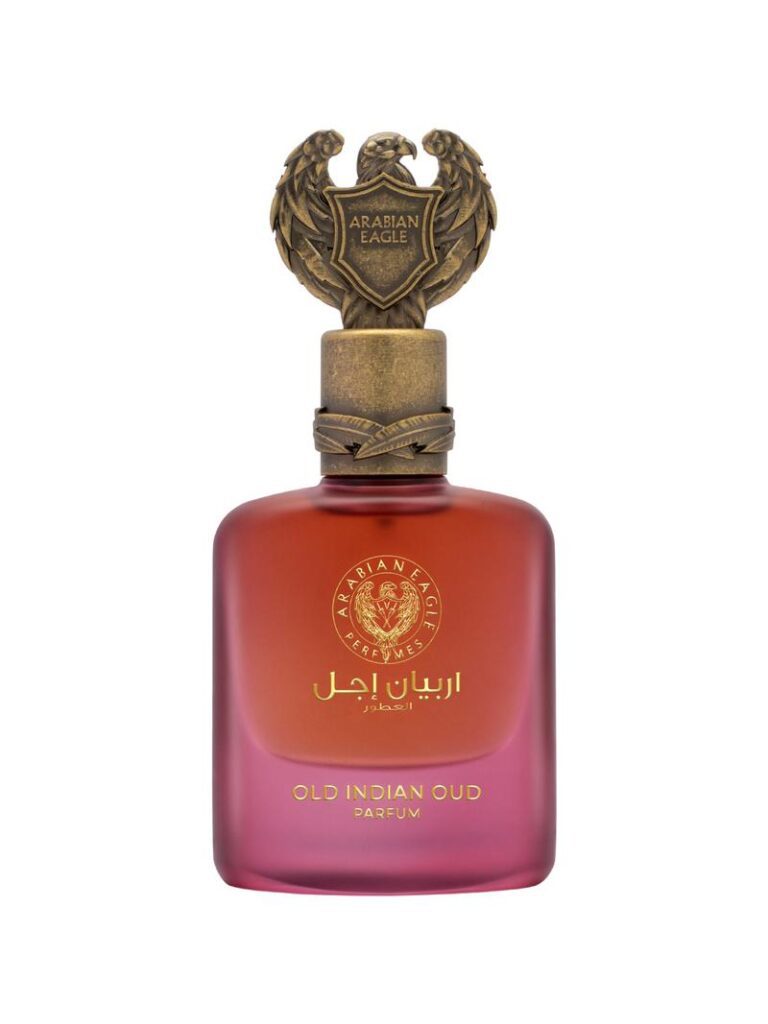 Image depicting a unisex perfume with "Old Indian Oud" label by Arabian Eagle. Eagle-shaped cap. 