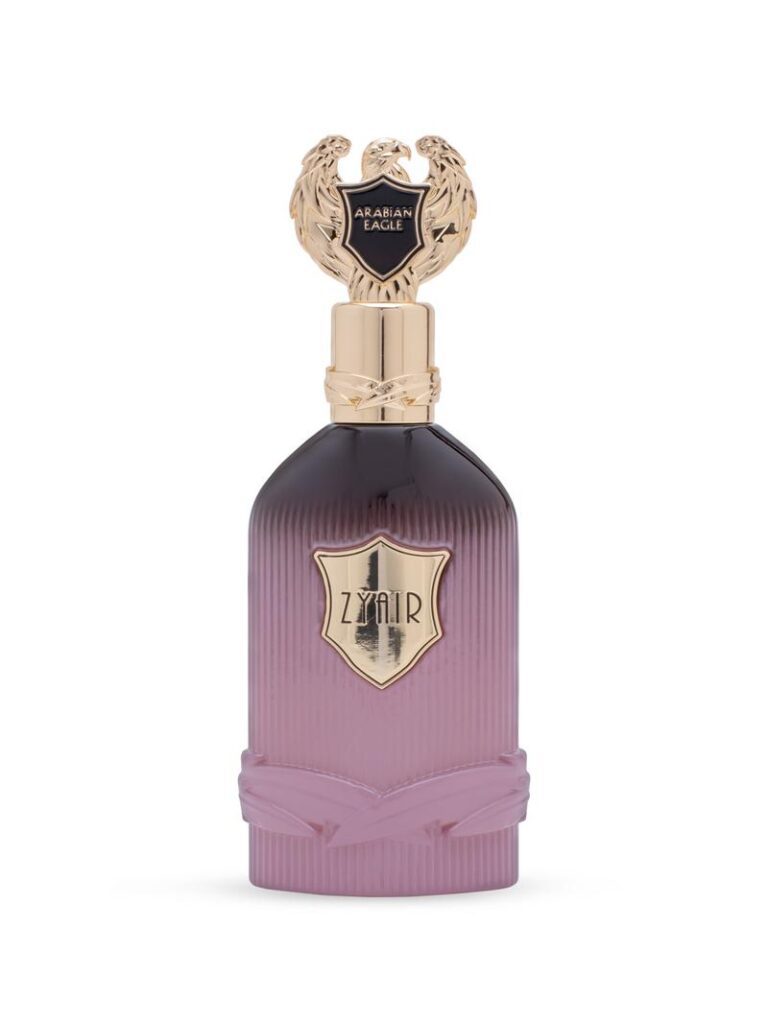Image of a unisex perfume bottle with eagle shaped cap. Arabian Eagle Zyair label.