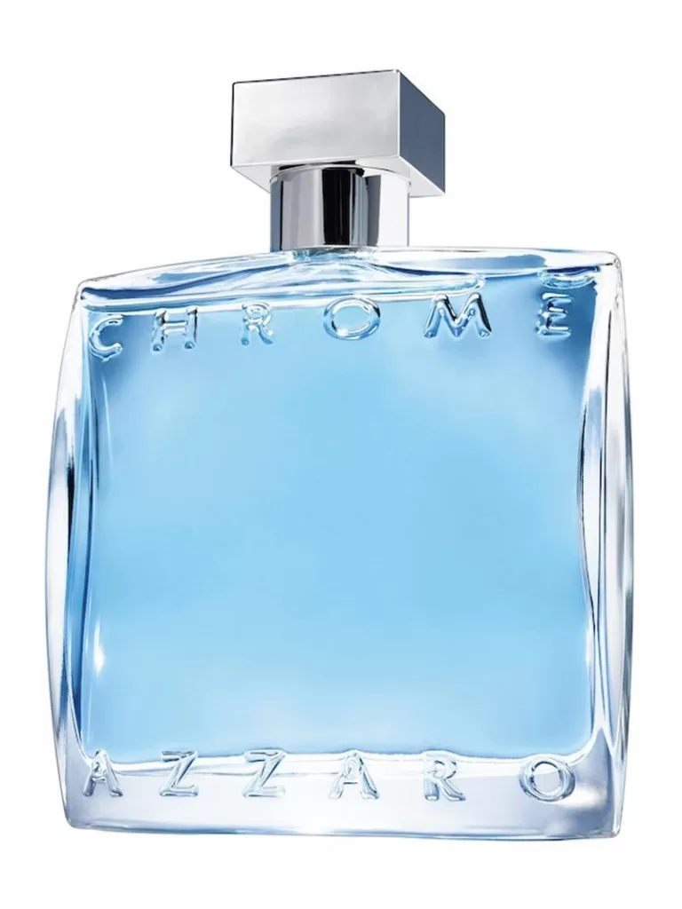 A classic image of Azzaro Chrome EDT for Men, with silver and light blue bottle