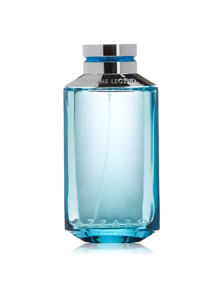 Photo of Azzaro Chrome Legend for Men EDT, presenting its distinctive blue bottle with a curved design. 