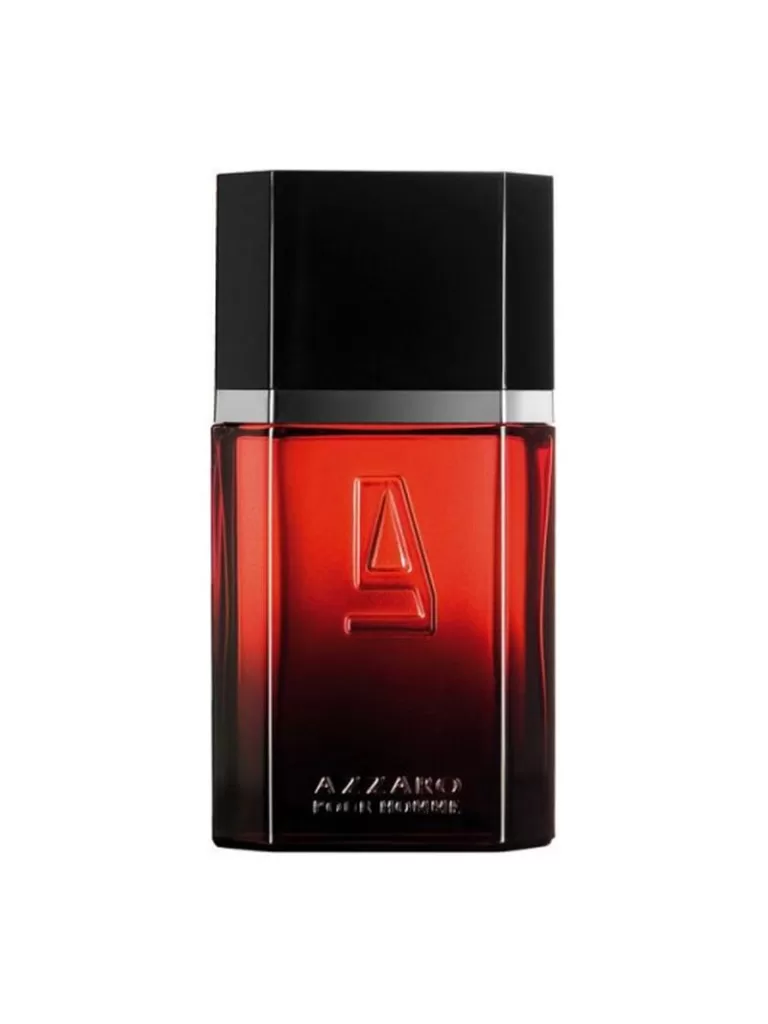 A bottle of Azzaro Pour Homme Elixir EDT for Men featuring dark red bottle and black cap