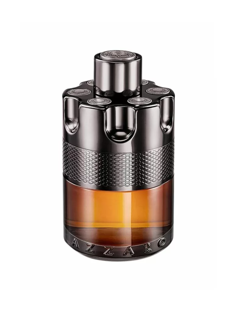 Azzaro Wanted By Night EDP for Men, showcasing a bottle that reflects a dark brown color and golden accents.