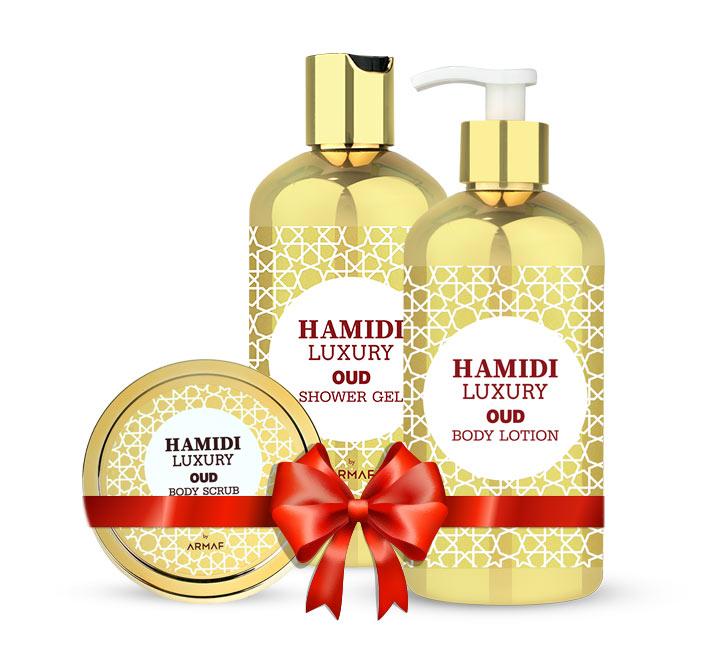 an image of Hamidi luxury oud 3 piece set including a body lotion,shower gel and body scrub
