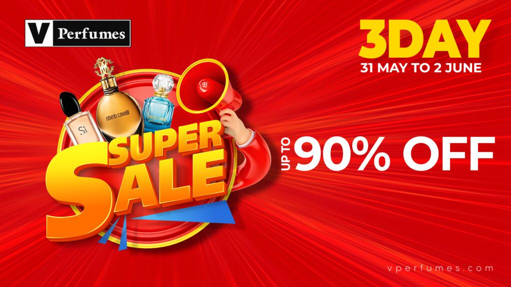 a poster of 3 day super sale in v perfumes. Starting from may 31 till june 2