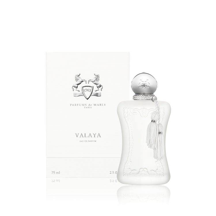 An image of Parfums de Marly Valaya perfume for women with its iconic white box