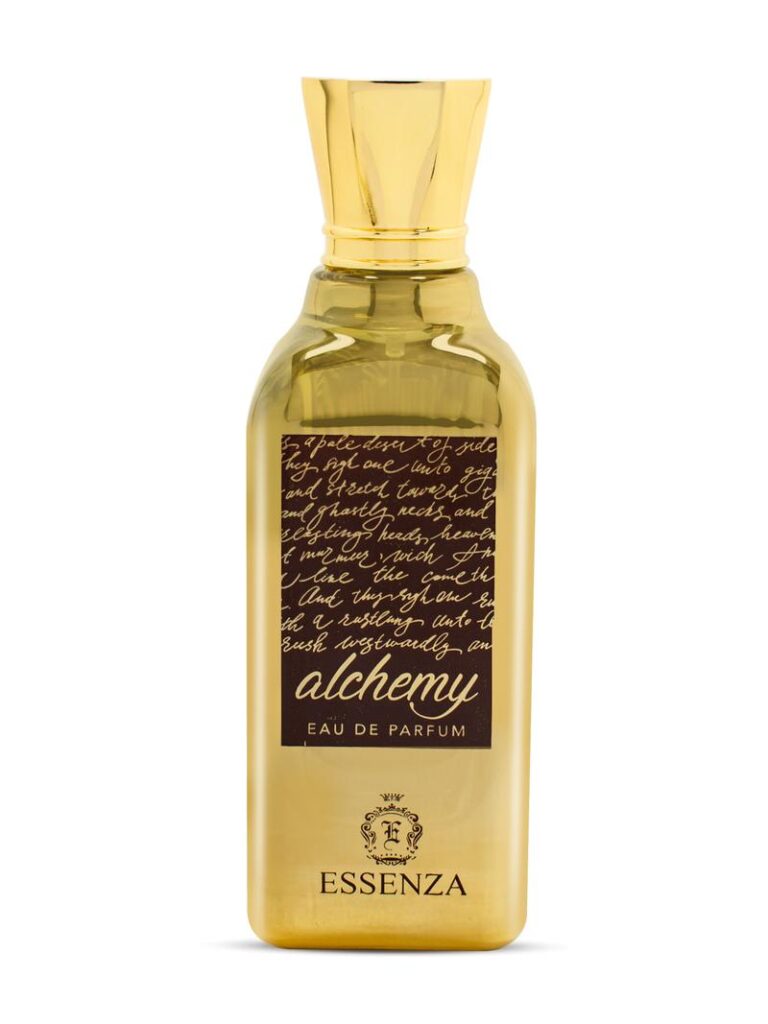 Essenza's Fragrant Marvels Tailored For You 18 A yellow perfume bottle labelled Essenza Alchemy' for a unisex fragrance