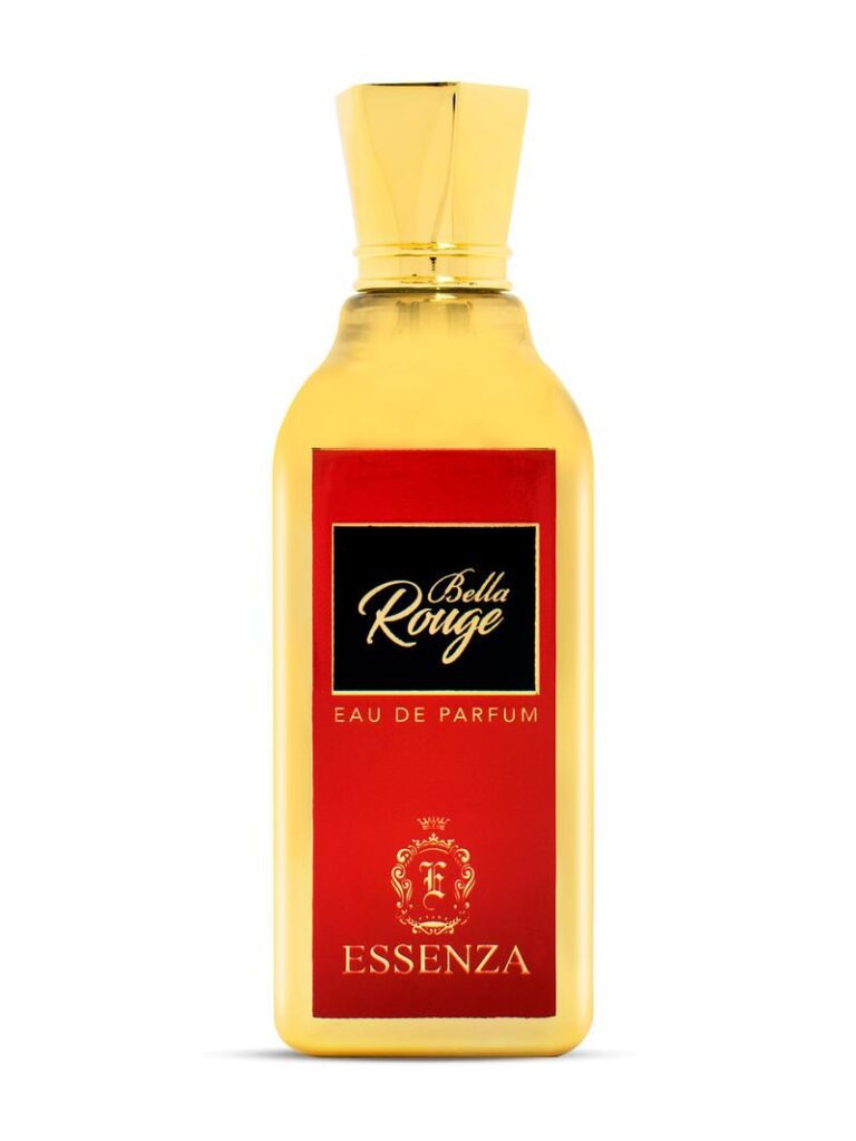 Essenza's Fragrant Marvels Tailored For You 19 An elegant perfume bottle with a deep red hue, labelled 'Essenza Bella Rouge