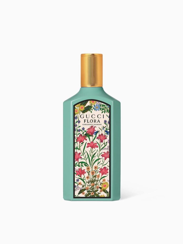 A perfume bottle labelled "Gucci Flora Gorgeous Jasmin" designed for women