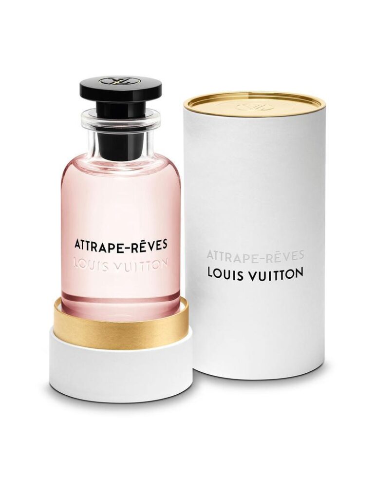 Luxury Perfumes That Make You Feel Like a Million Bucks 18 an image of Louis vuitton attrape reves perfume bottle with a cork kind of top and its box.