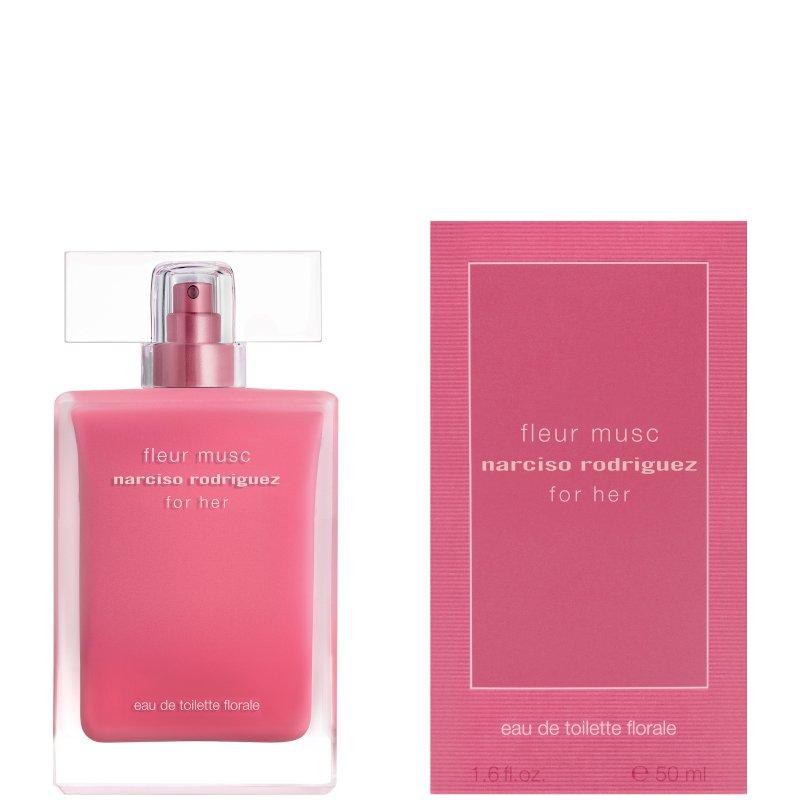 A perfume for "Narciso Rodriguez Fleur Musc Her Florale", featuring a soft pink color. 