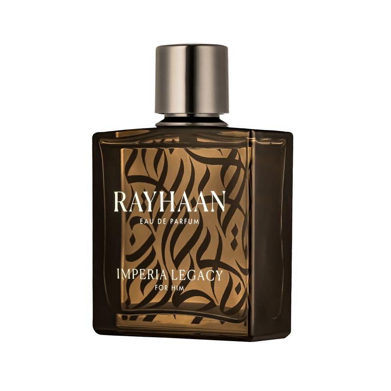 The Best Rayhaan Perfumes You Need To Try Right Now 18 Image of Rayhaan Imperia Legacy Eau De Parfum for Men, showcasing a glass bottle with calligraphy.