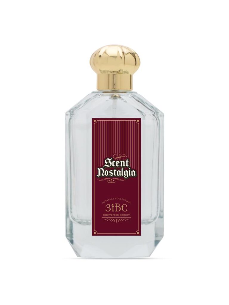 A perfume bottle for "Scent Nostalgia 31BC", featuring a classic design