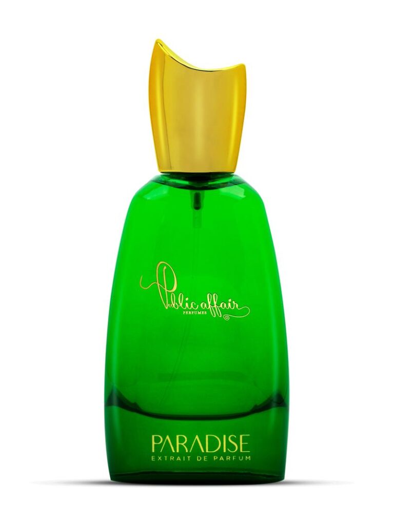 Image of a vibrant perfume bottle titled "Paradise" for women by Public Affair, 100ml size.