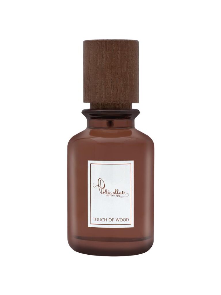 Image of a wooden-textured perfume bottle titled "Touch of Wood" by Public Affair, 100ml size