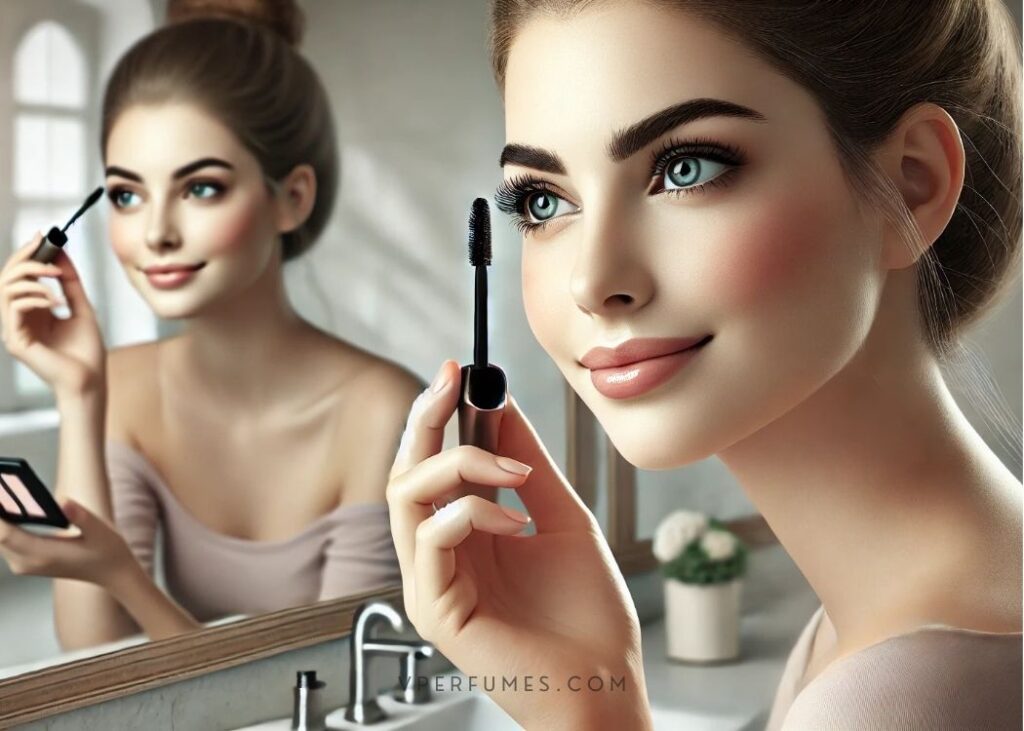 A creative illustration of a girl applying mascara