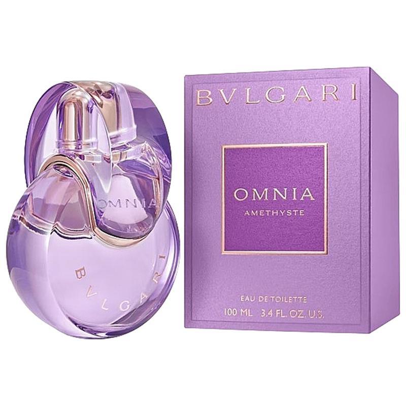 An image of Bvlgari omnia amethyste perfume with its box. A unique design perfume in violet color